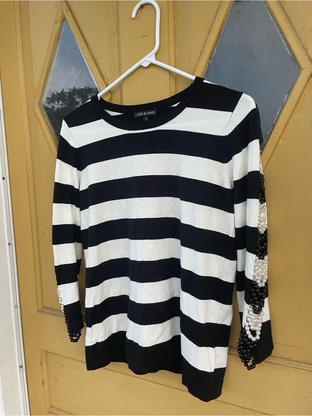 Leo & Ugo Paris Beaded Embellished Striped Knit Top Black Cream Size 1